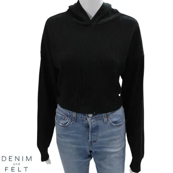 Alo Yoga Muse Hoodie Black Cropped Ribbed Lounge Sweatshirt XS Soft Plush Studio